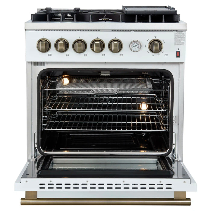 Forno Giovanni 30-Inch Gas Range with 5 Burners and 4.32 Cu.Ft. Convection Gas Oven with Temperature Gauge in White with Antique Brass Trim (FFSGS6274-30WHT)