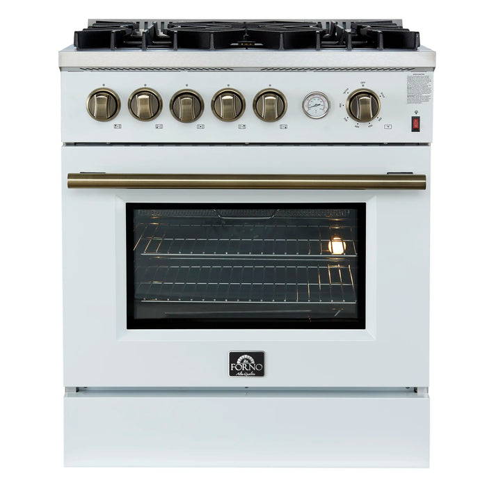 Forno Giovanni 30-Inch Gas Range with 5 Burners and 4.32 Cu.Ft. Convection Gas Oven with Temperature Gauge in White with Antique Brass Trim (FFSGS6274-30WHT)