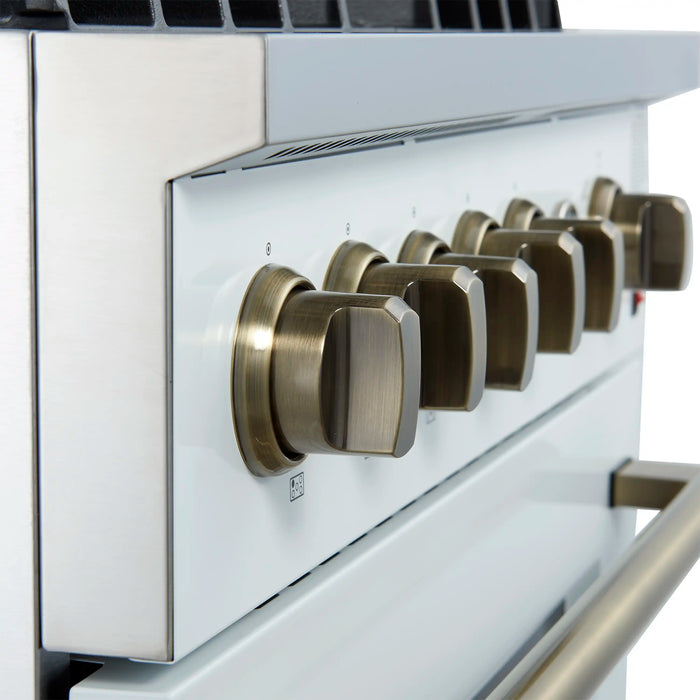 Forno Giovanni 30-Inch Gas Range with 5 Burners and 4.32 Cu.Ft. Convection Gas Oven with Temperature Gauge in White with Antique Brass Trim (FFSGS6274-30WHT)