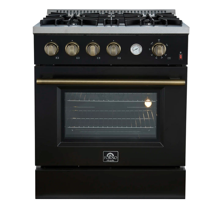 Forno Marco 30-Inch Gas Range with 4 Burners and 4.32 Cu.Ft. Convection Oven in Black with Antique Brass Trim (FFSGS6277-30BLK)