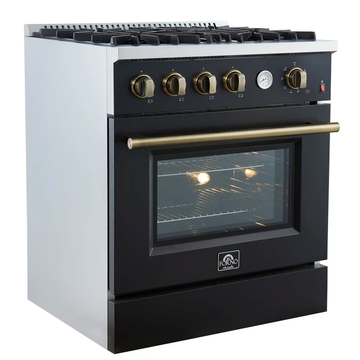 Forno Marco 30-Inch Gas Range with 4 Burners and 4.32 Cu.Ft. Convection Oven in Black with Antique Brass Trim (FFSGS6277-30BLK)