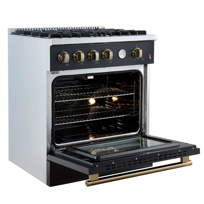 Forno Marco 30-Inch Gas Range with 4 Burners and 4.32 Cu.Ft. Convection Oven in Black with Antique Brass Trim (FFSGS6277-30BLK)