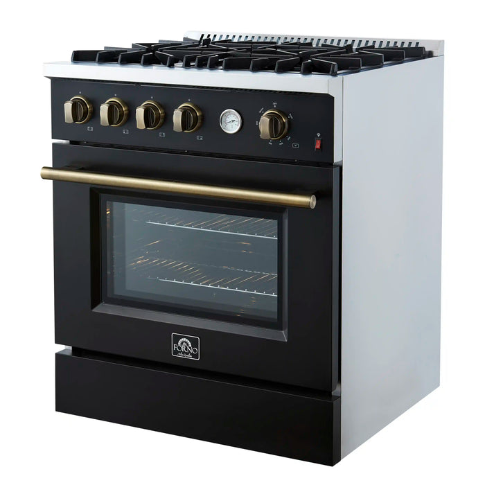 Forno Marco 30-Inch Gas Range with 4 Burners and 4.32 Cu.Ft. Convection Oven in Black with Antique Brass Trim (FFSGS6277-30BLK)