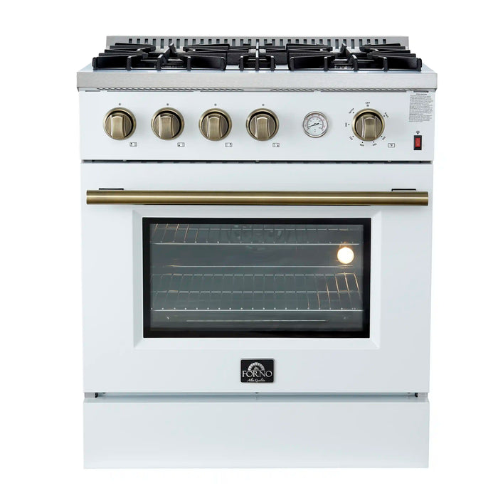 Forno Marco 30-Inch Gas Range with 4 Burners and 4.32 Cu.Ft. Convection Oven in White with Antique Brass Trim (FFSGS6277-30WHT)