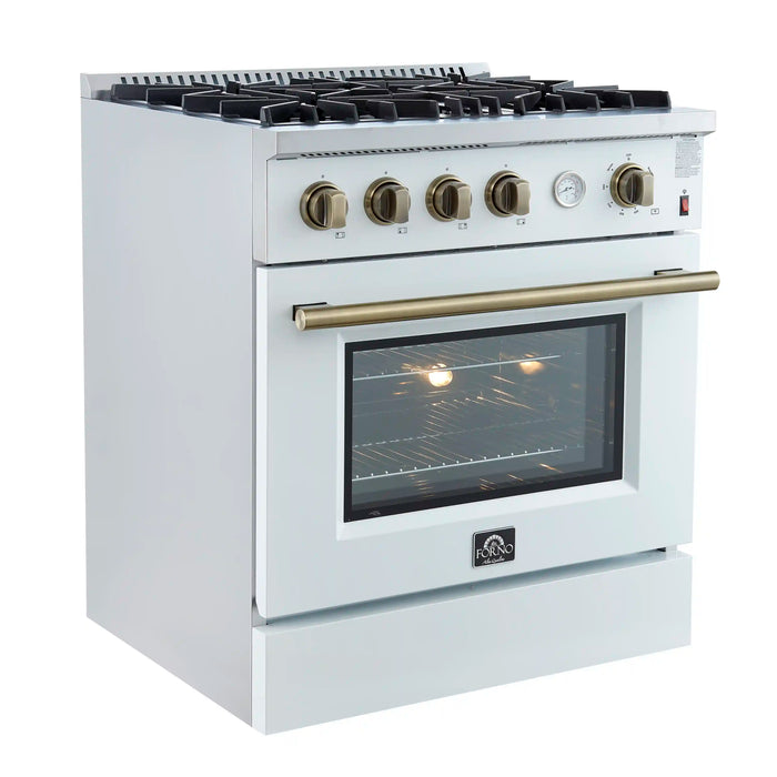 Forno Marco 30-Inch Gas Range with 4 Burners and 4.32 Cu.Ft. Convection Oven in White with Antique Brass Trim (FFSGS6277-30WHT)
