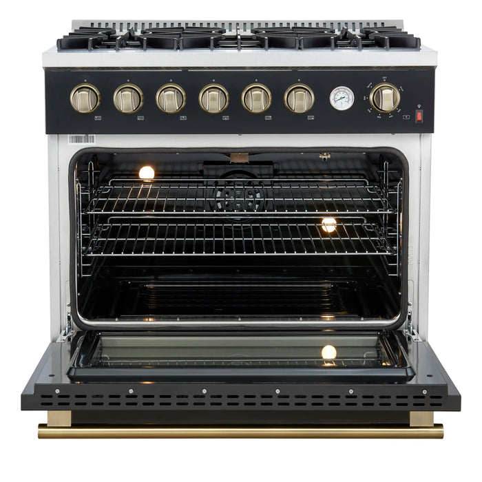 Forno Marco 36-Inch Gas Range with 6 Burners and 5.36 Cu.Ft. Convection Oven in Black with Antique Brass Trim (FFSGS6277-36BLK)