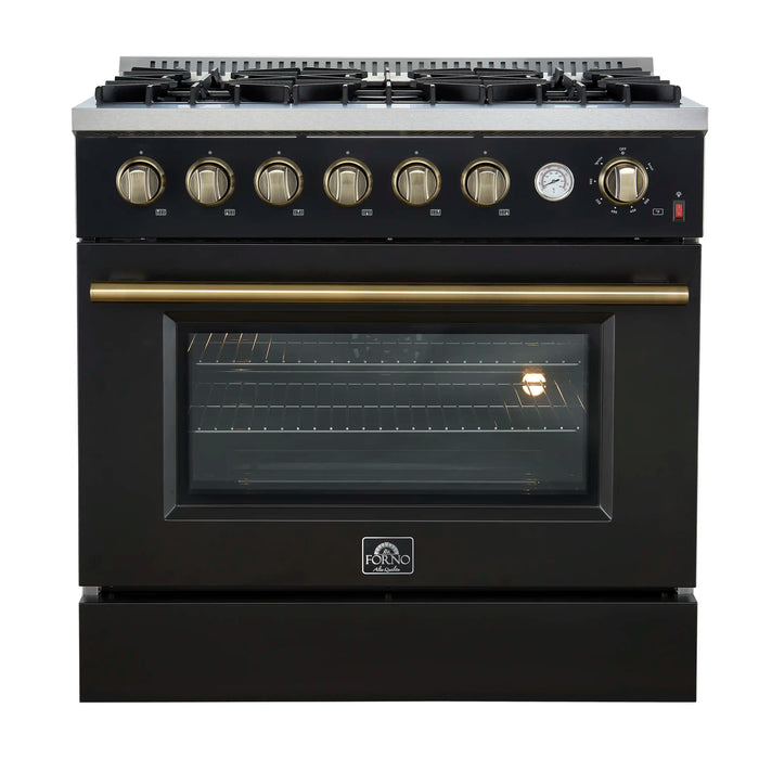 Forno Marco 36-Inch Gas Range with 6 Burners and 5.36 Cu.Ft. Convection Oven in Black with Antique Brass Trim (FFSGS6277-36BLK)