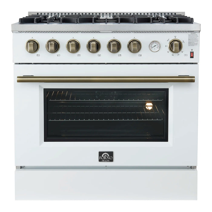 Forno Marco 36-Inch Gas Range with 6 Burners and 5.36 Cu.Ft. Convection Oven in White with Antique Brass Trim (FFSGS6277-36WHT)
