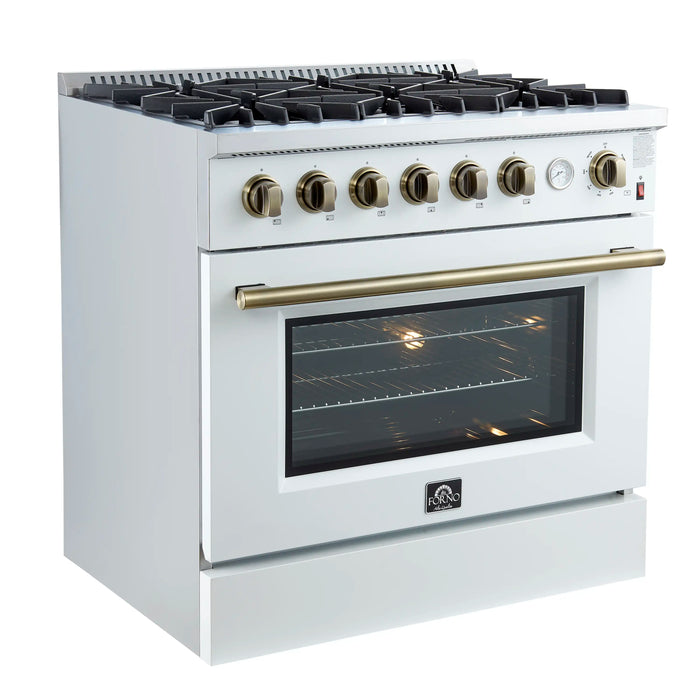 Forno Marco 36-Inch Gas Range with 6 Burners and 5.36 Cu.Ft. Convection Oven in White with Antique Brass Trim (FFSGS6277-36WHT)