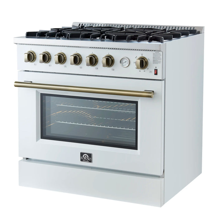 Forno Marco 36-Inch Gas Range with 6 Burners and 5.36 Cu.Ft. Convection Oven in White with Antique Brass Trim (FFSGS6277-36WHT)