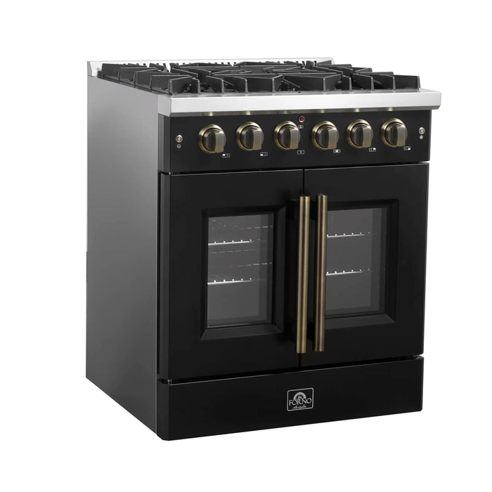 Forno Galiano 30-Inch French Door Gas Range with 5 Burners and 4.32 Cu.Ft. Convection Oven in Black with Antique Brass Trim (FFSGS6444-30BLK)