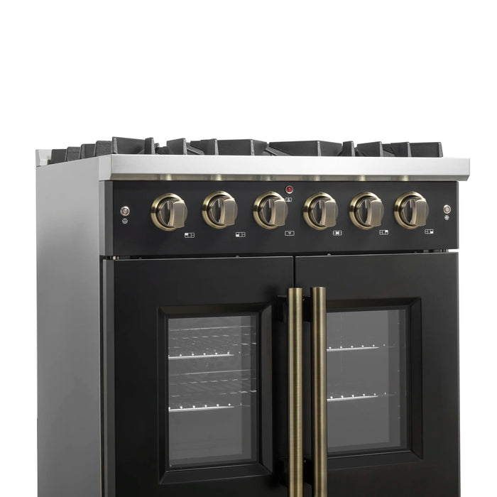 Forno Galiano 30-Inch French Door Gas Range with 5 Burners and 4.32 Cu.Ft. Convection Oven in Black with Antique Brass Trim (FFSGS6444-30BLK)