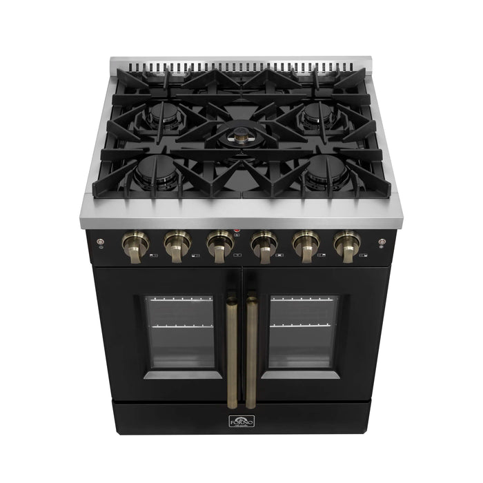 Forno Galiano 30-Inch French Door Gas Range with 5 Burners and 4.32 Cu.Ft. Convection Oven in Black with Antique Brass Trim (FFSGS6444-30BLK)