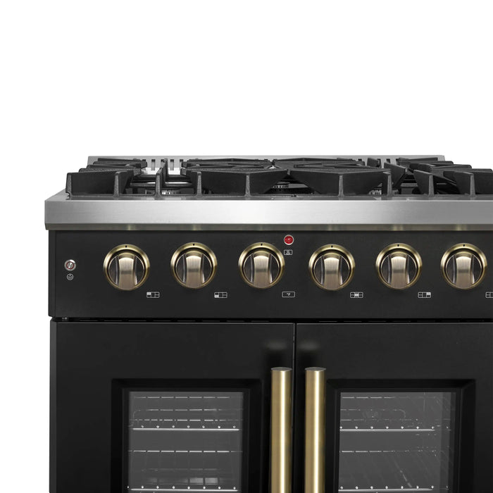 Forno Galiano 30-Inch French Door Gas Range with 5 Burners and 4.32 Cu.Ft. Convection Oven in Black with Antique Brass Trim (FFSGS6444-30BLK)