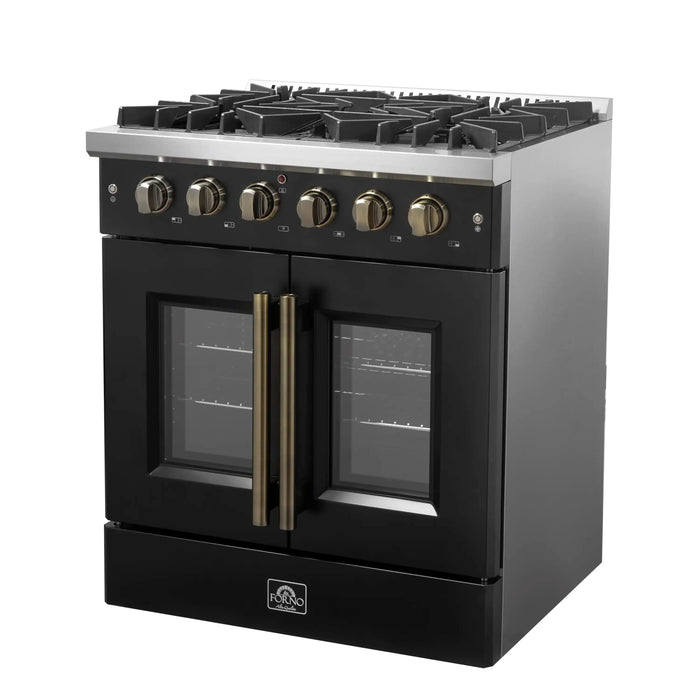 Forno Galiano 30-Inch French Door Gas Range with 5 Burners and 4.32 Cu.Ft. Convection Oven in Black with Antique Brass Trim (FFSGS6444-30BLK)