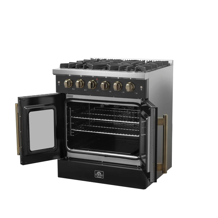 Forno Galiano 30-Inch French Door Gas Range with 5 Burners and 4.32 Cu.Ft. Convection Oven in Black with Antique Brass Trim (FFSGS6444-30BLK)