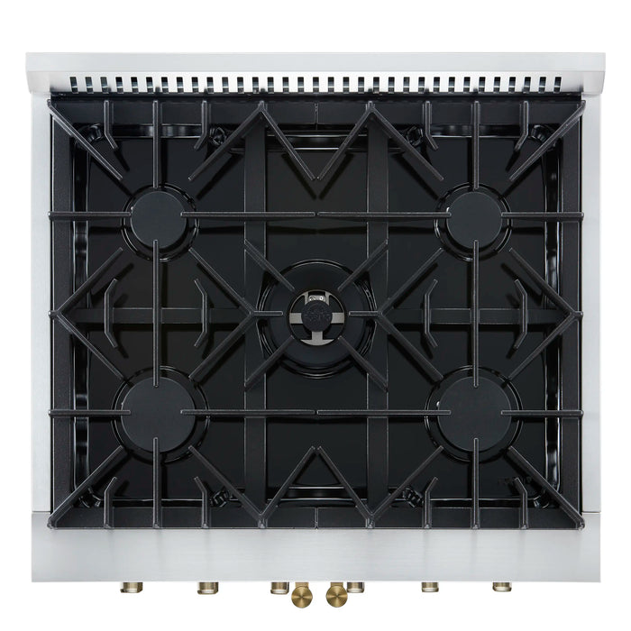 Forno Galiano 30-Inch French Door Gas Range with 5 Burners and 4.32 Cu.Ft. Convection Oven in White with Antique Brass Trim (FFSGS6444-30WHT)