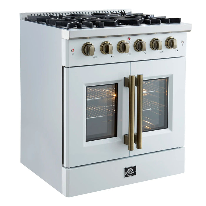 Forno Galiano 30-Inch French Door Gas Range with 5 Burners and 4.32 Cu.Ft. Convection Oven in White with Antique Brass Trim (FFSGS6444-30WHT)
