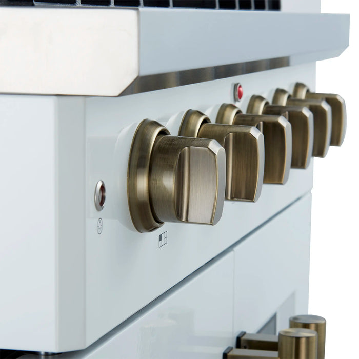 Forno Galiano 30-Inch French Door Gas Range with 5 Burners and 4.32 Cu.Ft. Convection Oven in White with Antique Brass Trim (FFSGS6444-30WHT)