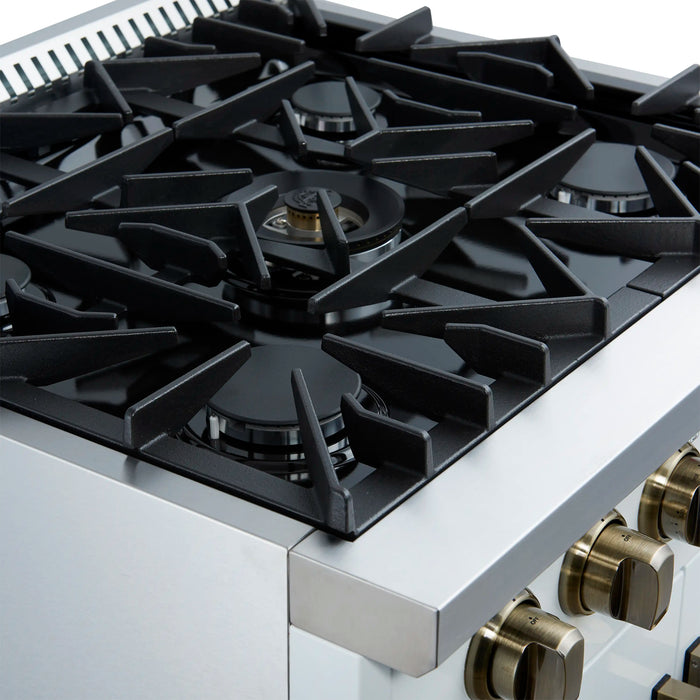 Forno Galiano 30-Inch French Door Gas Range with 5 Burners and 4.32 Cu.Ft. Convection Oven in White with Antique Brass Trim (FFSGS6444-30WHT)