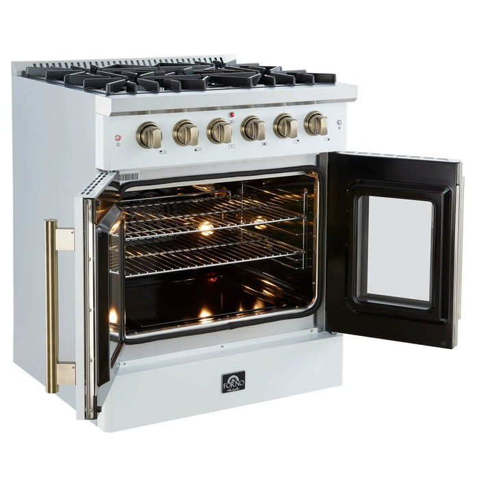 Forno Galiano 30-Inch French Door Gas Range with 5 Burners and 4.32 Cu.Ft. Convection Oven in White with Antique Brass Trim (FFSGS6444-30WHT)