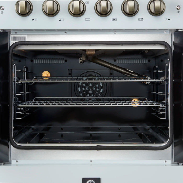 Forno Galiano 30-Inch French Door Gas Range with 5 Burners and 4.32 Cu.Ft. Convection Oven in White with Antique Brass Trim (FFSGS6444-30WHT)