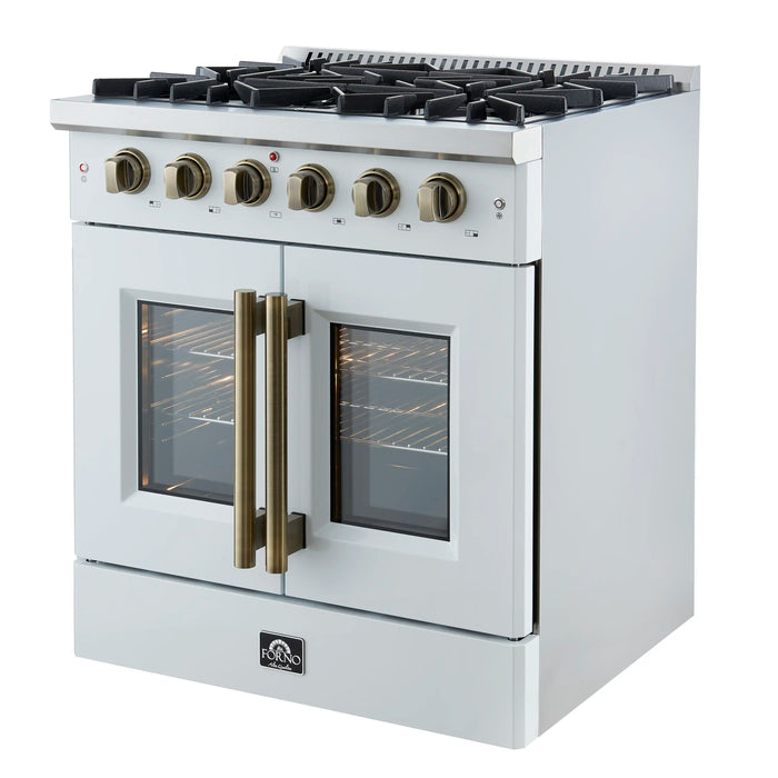 Forno Galiano 30-Inch French Door Gas Range with 5 Burners and 4.32 Cu.Ft. Convection Oven in White with Antique Brass Trim (FFSGS6444-30WHT)