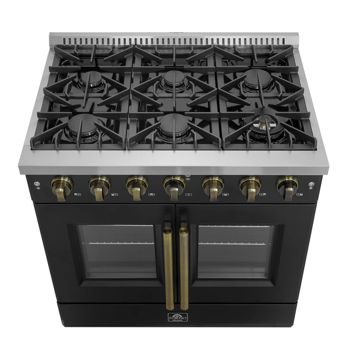 Forno Galiano 36-Inch French Door Gas Range with 6 Burners and 5.36 Cu.Ft. Convection Oven in Black with Antique Brass Trim (FFSGS6444-36BLK)