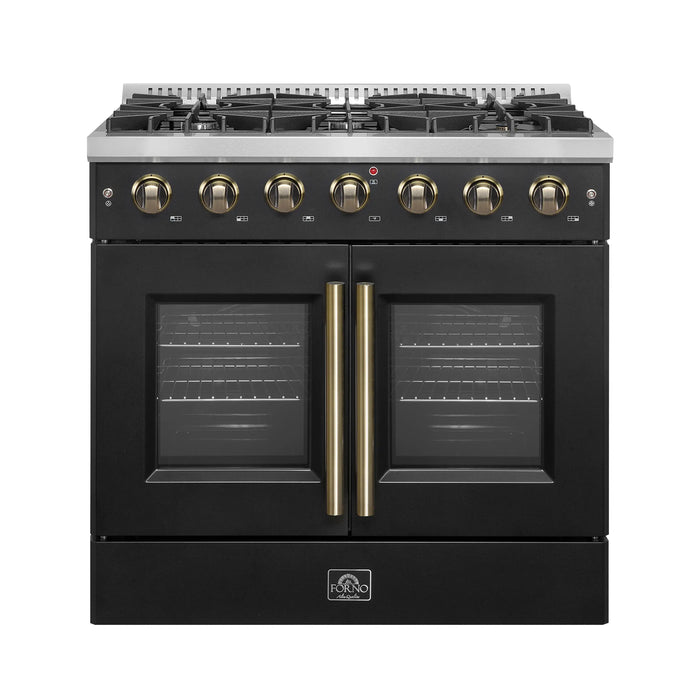Forno Galiano 36-Inch French Door Gas Range with 6 Burners and 5.36 Cu.Ft. Convection Oven in Black with Antique Brass Trim (FFSGS6444-36BLK)
