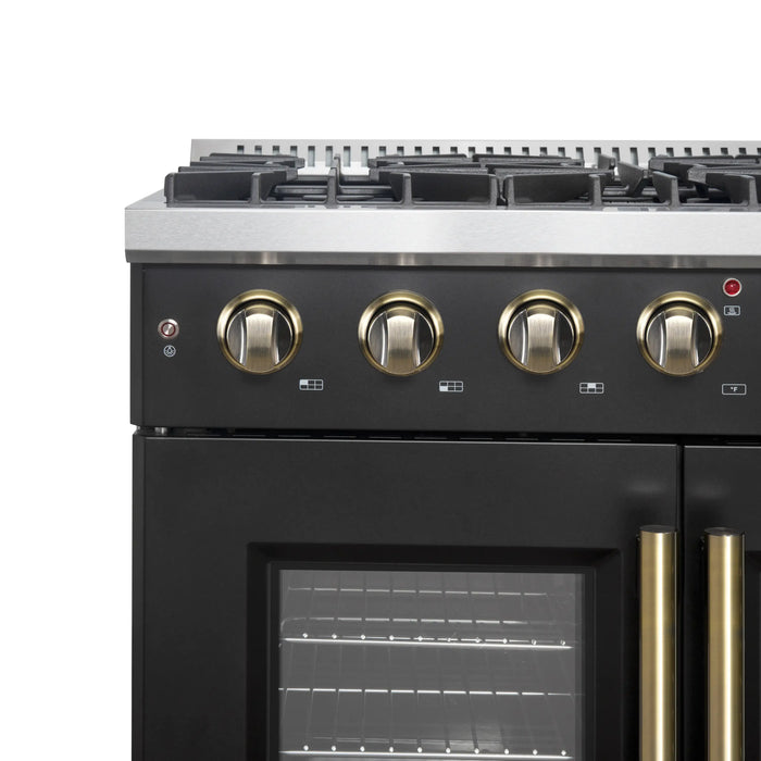 Forno Galiano 36-Inch French Door Gas Range with 6 Burners and 5.36 Cu.Ft. Convection Oven in Black with Antique Brass Trim (FFSGS6444-36BLK)