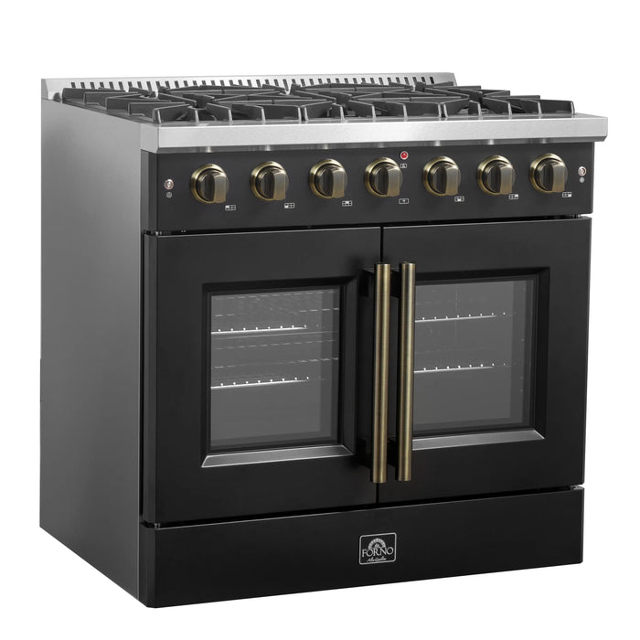 Forno Galiano 36-Inch French Door Gas Range with 6 Burners and 5.36 Cu.Ft. Convection Oven in Black with Antique Brass Trim (FFSGS6444-36BLK)