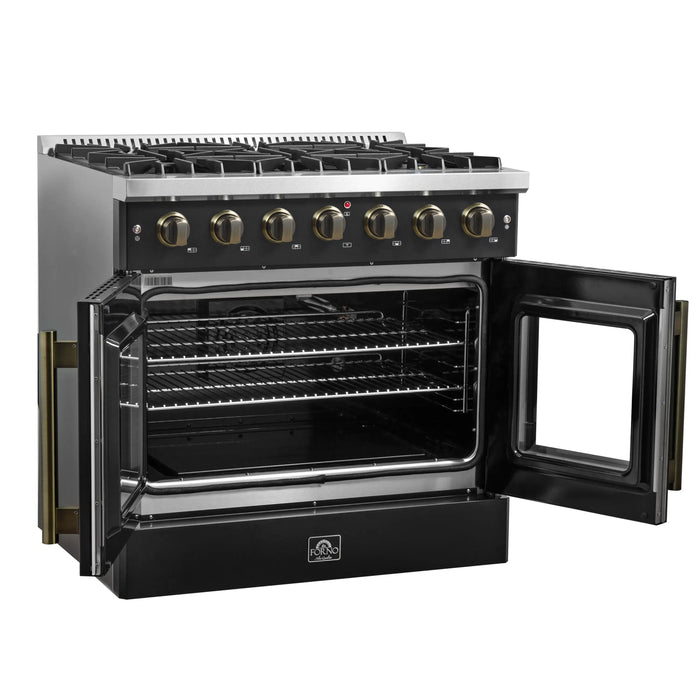 Forno Galiano 36-Inch French Door Gas Range with 6 Burners and 5.36 Cu.Ft. Convection Oven in Black with Antique Brass Trim (FFSGS6444-36BLK)