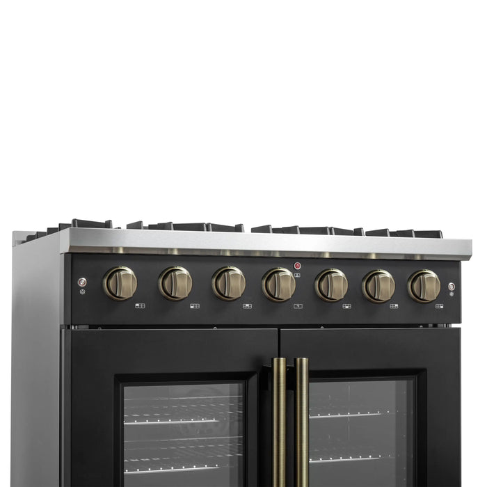 Forno Galiano 36-Inch French Door Gas Range with 6 Burners and 5.36 Cu.Ft. Convection Oven in Black with Antique Brass Trim (FFSGS6444-36BLK)