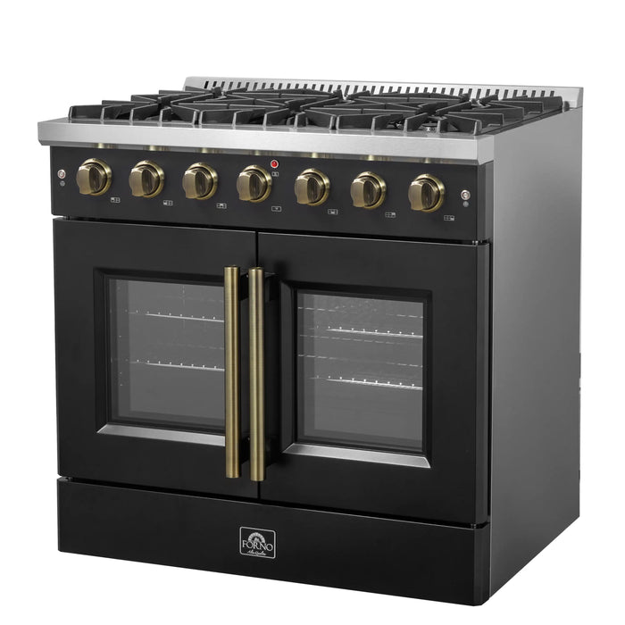 Forno Galiano 36-Inch French Door Gas Range with 6 Burners and 5.36 Cu.Ft. Convection Oven in Black with Antique Brass Trim (FFSGS6444-36BLK)