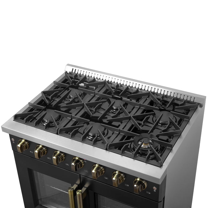 Forno Galiano 36-Inch French Door Gas Range with 6 Burners and 5.36 Cu.Ft. Convection Oven in Black with Antique Brass Trim (FFSGS6444-36BLK)