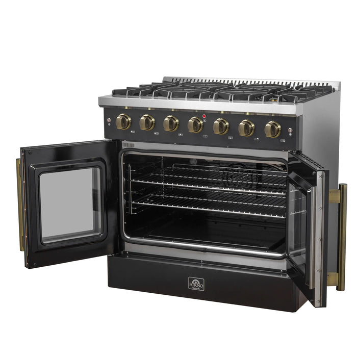 Forno Galiano 36-Inch French Door Gas Range with 6 Burners and 5.36 Cu.Ft. Convection Oven in Black with Antique Brass Trim (FFSGS6444-36BLK)