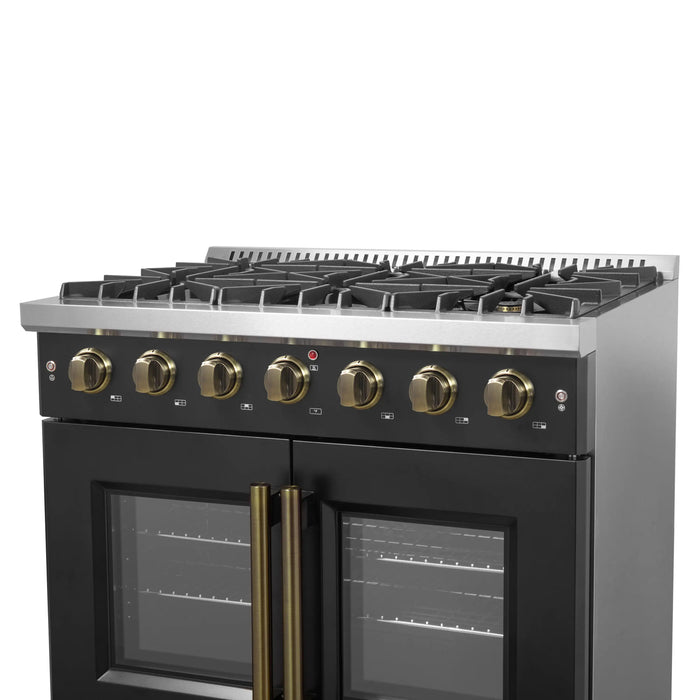Forno Galiano 36-Inch French Door Gas Range with 6 Burners and 5.36 Cu.Ft. Convection Oven in Black with Antique Brass Trim (FFSGS6444-36BLK)