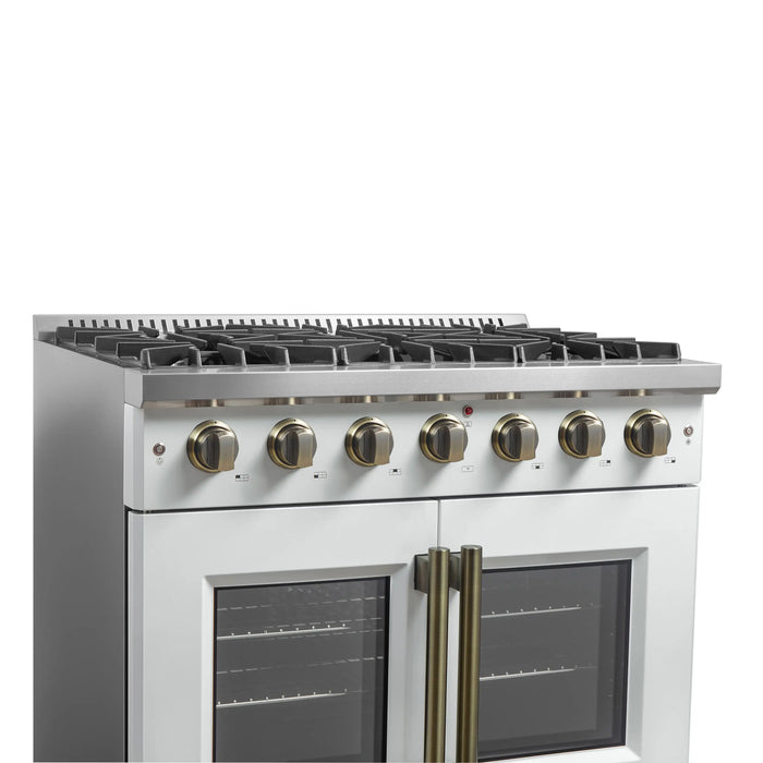 Forno Galiano 36-Inch French Door Gas Range with 6 Burners and 5.36 Cu.Ft. Convection Oven in White with Antique Brass Trim (FFSGS6444-36WHT)