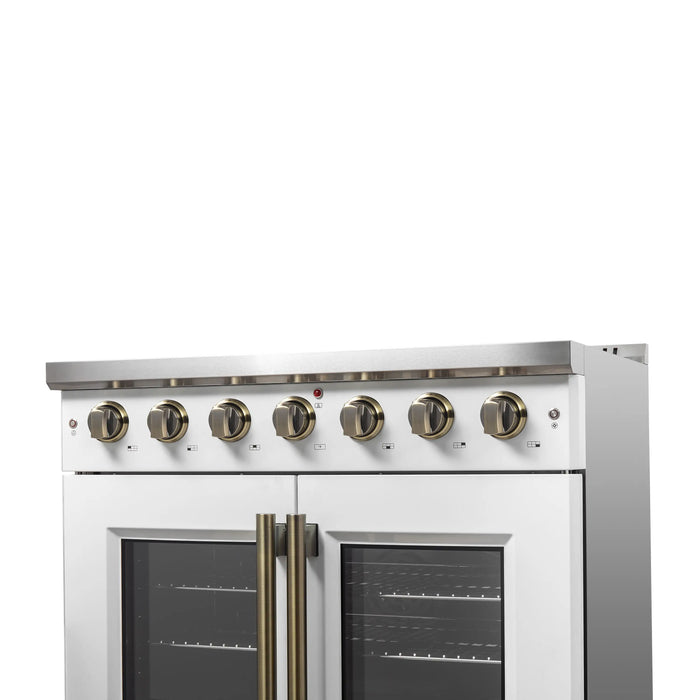 Forno Galiano 36-Inch French Door Gas Range with 6 Burners and 5.36 Cu.Ft. Convection Oven in White with Antique Brass Trim (FFSGS6444-36WHT)