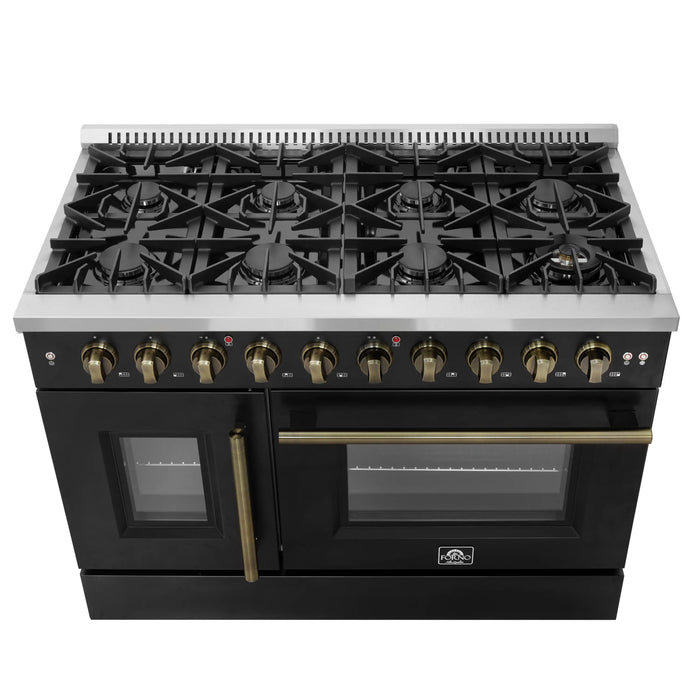 Forno Galiano 48-Inch French Door Gas Range with 8 Burners and 6.58 Cu. Ft. Convection Oven in Black with Antique Brass Trim (FFSGS6444-48BLK)