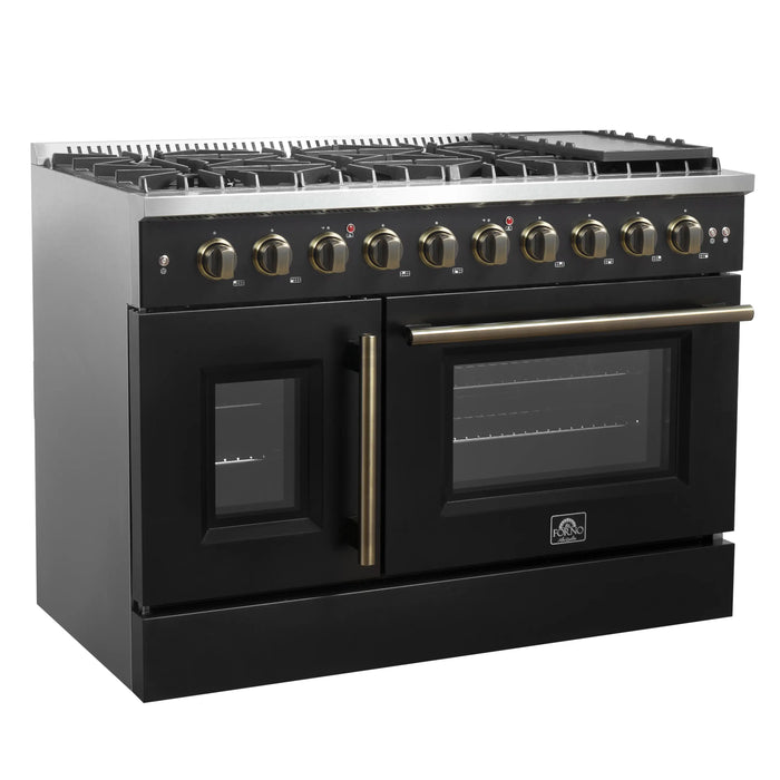 Forno Galiano 48-Inch French Door Gas Range with 8 Burners and 6.58 Cu. Ft. Convection Oven in Black with Antique Brass Trim (FFSGS6444-48BLK)