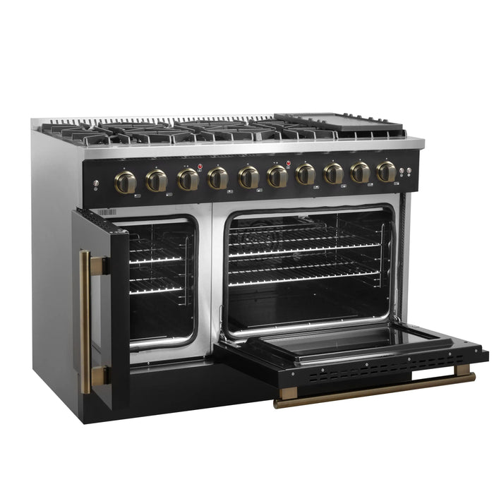 Forno Galiano 48-Inch French Door Gas Range with 8 Burners and 6.58 Cu. Ft. Convection Oven in Black with Antique Brass Trim (FFSGS6444-48BLK)