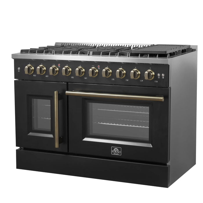 Forno Galiano 48-Inch French Door Gas Range with 8 Burners and 6.58 Cu. Ft. Convection Oven in Black with Antique Brass Trim (FFSGS6444-48BLK)