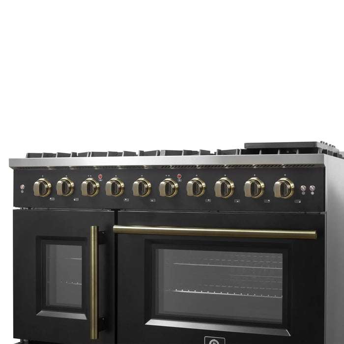 Forno Galiano 48-Inch French Door Gas Range with 8 Burners and 6.58 Cu. Ft. Convection Oven in Black with Antique Brass Trim (FFSGS6444-48BLK)
