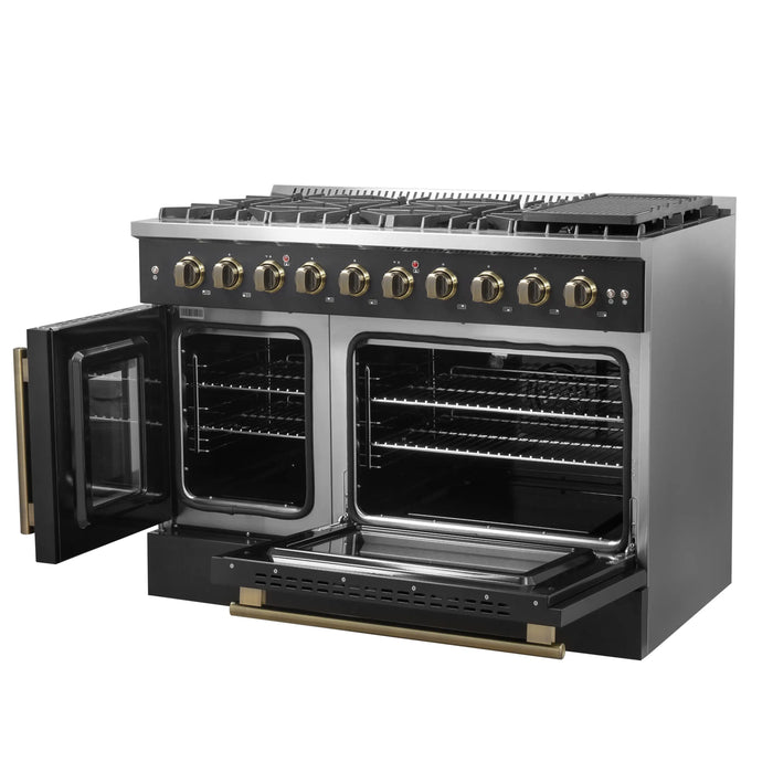 Forno Galiano 48-Inch French Door Gas Range with 8 Burners and 6.58 Cu. Ft. Convection Oven in Black with Antique Brass Trim (FFSGS6444-48BLK)