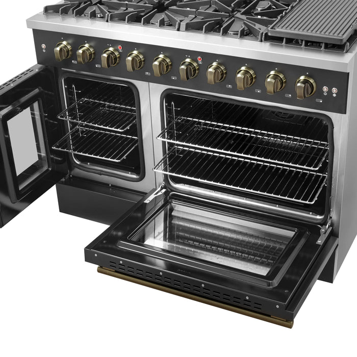 Forno Galiano 48-Inch French Door Gas Range with 8 Burners and 6.58 Cu. Ft. Convection Oven in Black with Antique Brass Trim (FFSGS6444-48BLK)