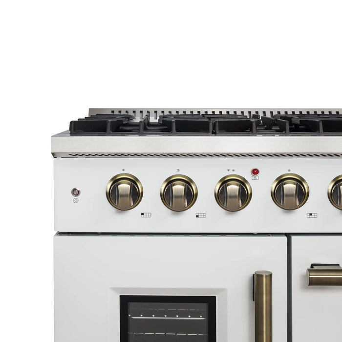 Forno Galiano 48-Inch French Door Gas Range with 8 Burners and 6.58 Cu. Ft. Convection Oven in White with Antique Brass Trim (FFSGS6444-48WHT)