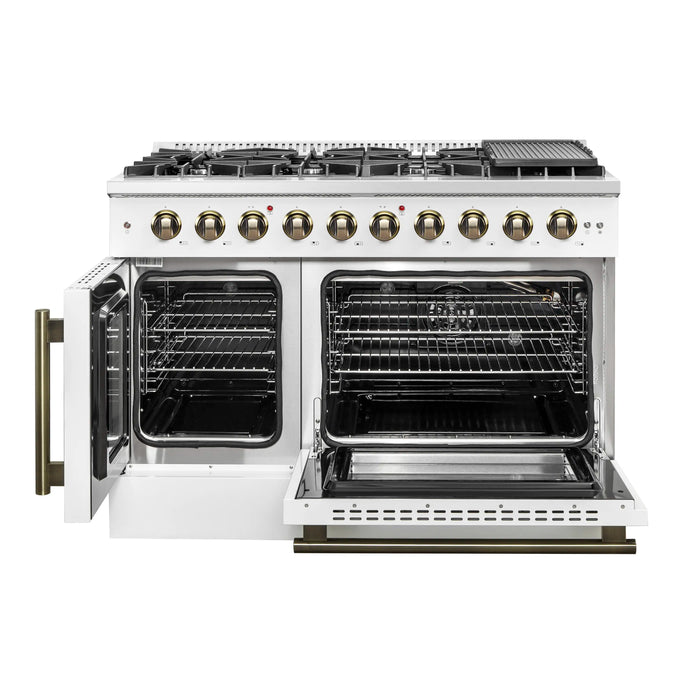 Forno Galiano 48-Inch French Door Gas Range with 8 Burners and 6.58 Cu. Ft. Convection Oven in White with Antique Brass Trim (FFSGS6444-48WHT)