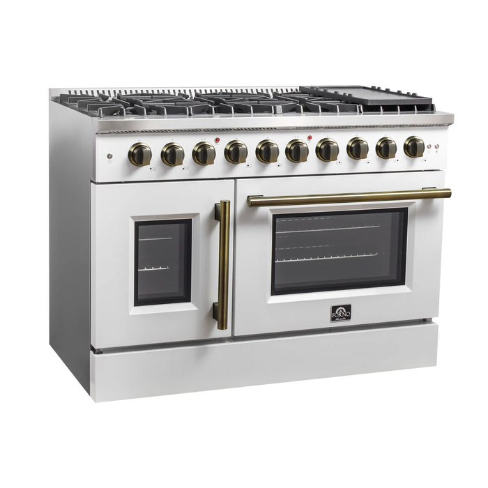 Forno Galiano 48-Inch French Door Gas Range with 8 Burners and 6.58 Cu. Ft. Convection Oven in White with Antique Brass Trim (FFSGS6444-48WHT)