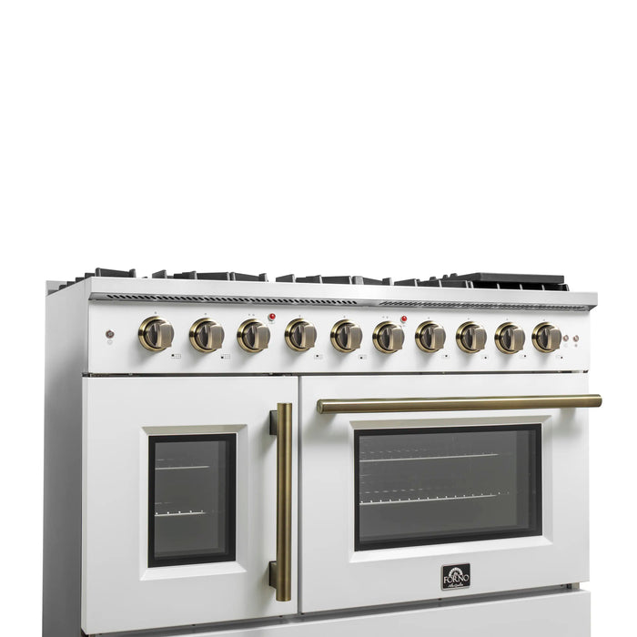 Forno Galiano 48-Inch French Door Gas Range with 8 Burners and 6.58 Cu. Ft. Convection Oven in White with Antique Brass Trim (FFSGS6444-48WHT)